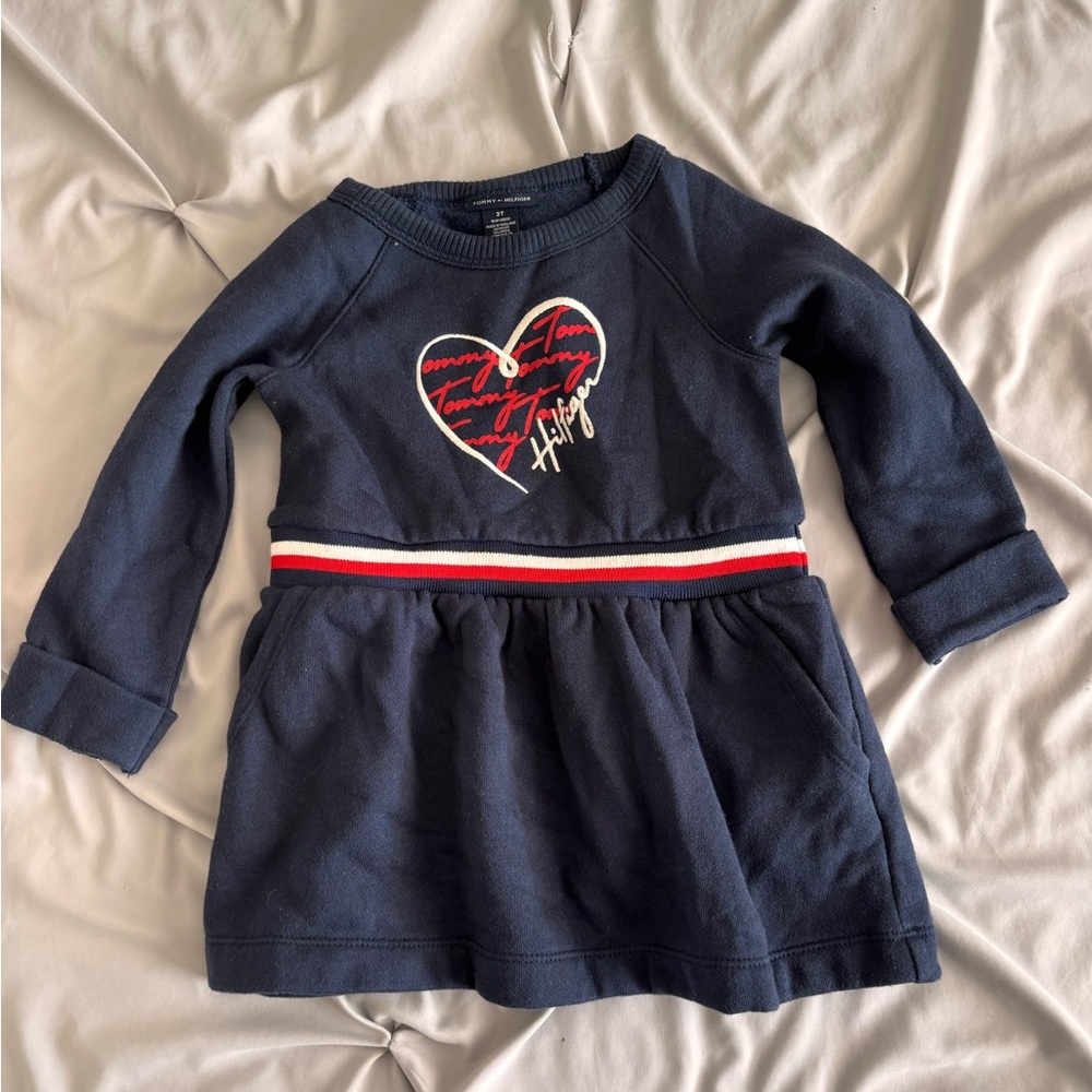 Tommy Hilfiger Navy & Red Heart Knit Kids Long Sleeve Casual Dress Size 3T Girls